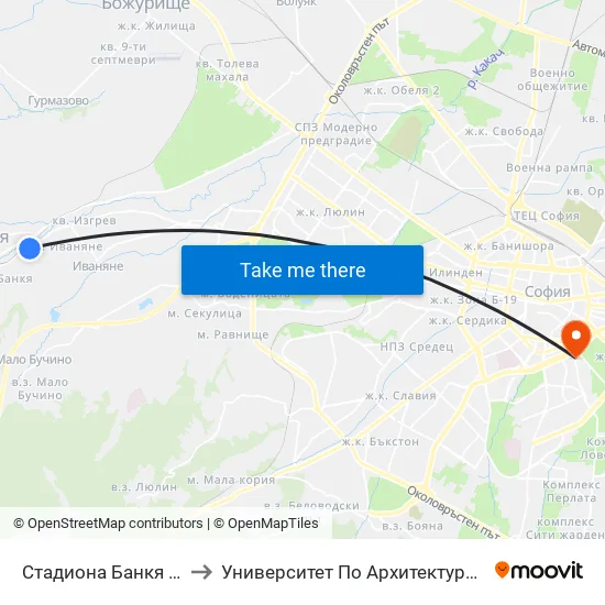👋 Стадиона Банкя / Bankya Stadium (1620) to Университет По Архитектура, Строителство И Геодезия - Ректорат map