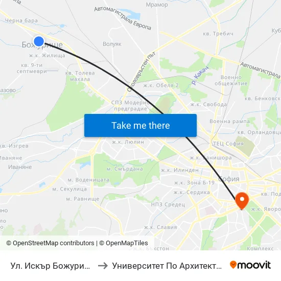 Ул. Искър Божурище / Iskar St. Bozhurishte(2602) to Университет По Архитектура, Строителство И Геодезия - Ректорат map