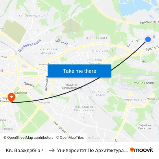 Кв. Враждебна / Vrazhdebna Qr. (0824) to Университет По Архитектура, Строителство И Геодезия - Ректорат map