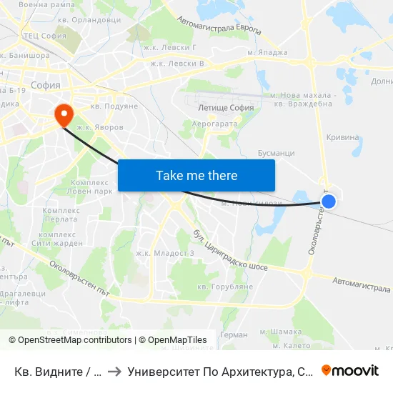 Кв. Видните / Vidnite Qr. (0820) to Университет По Архитектура, Строителство И Геодезия - Ректорат map