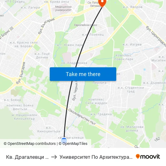 Кв. Драгалевци / Dragalevtsi Qr. (0834) to Университет По Архитектура, Строителство И Геодезия - Ректорат map