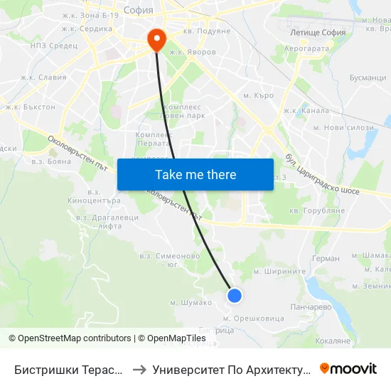 👋 Бистришки Тераси / Terrace Of Bistritsa (2547) to Университет По Архитектура, Строителство И Геодезия - Ректорат map