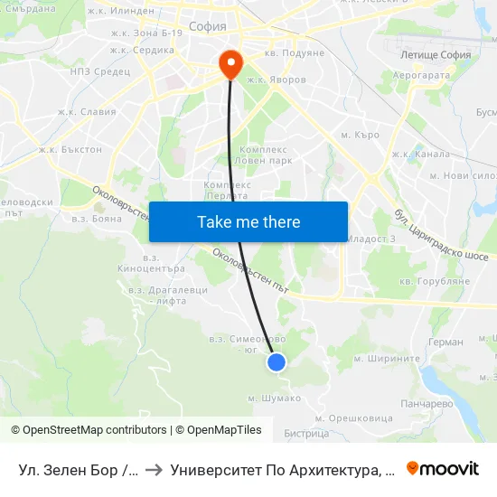 Ул. Зелен Бор / Zelen Bor St. (0259) to Университет По Архитектура, Строителство И Геодезия - Ректорат map