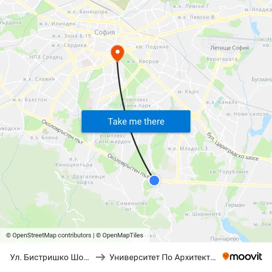 🛍️ Ул. Бистришко Шосе / Bistrishko Shosse St. (0865) to Университет По Архитектура, Строителство И Геодезия - Ректорат map