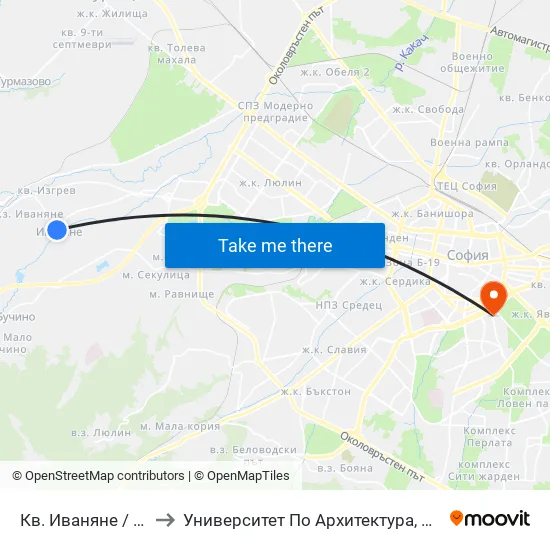 Кв. Иваняне / Ivanyane Qr. (0840) to Университет По Архитектура, Строителство И Геодезия - Ректорат map