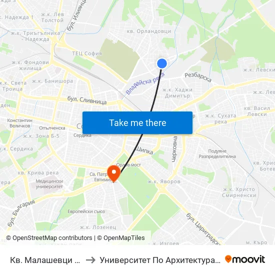 Кв. Малашевци / Malashevtsi Qr. (0863) to Университет По Архитектура, Строителство И Геодезия - Ректорат map