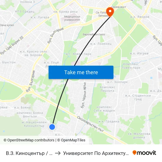 В.З. Киноцентър / Kinotsentar Villa Zone (0412) to Университет По Архитектура, Строителство И Геодезия - Ректорат map