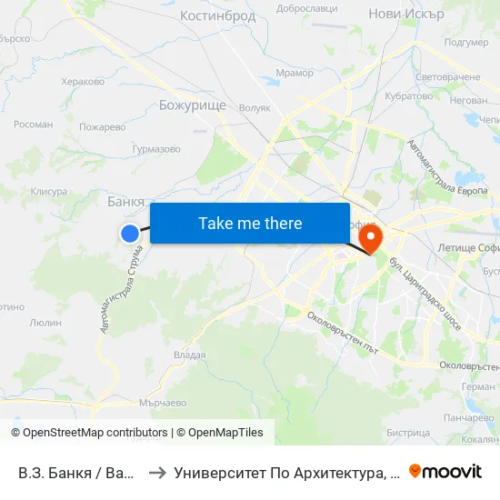 В.З. Банкя / Bankya Villa Zone (0431) to Университет По Архитектура, Строителство И Геодезия - Ректорат map