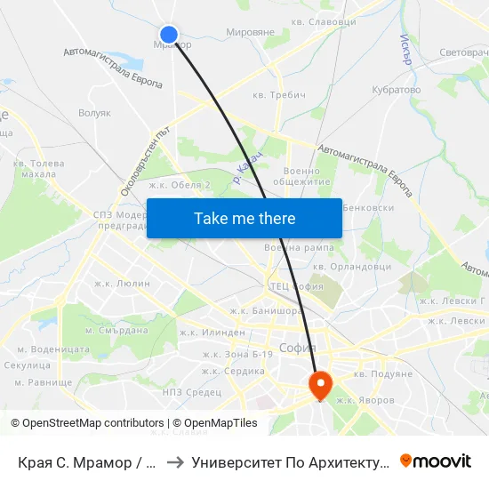Края С. Мрамор / End Of Mramor Village (0438) to Университет По Архитектура, Строителство И Геодезия - Ректорат map