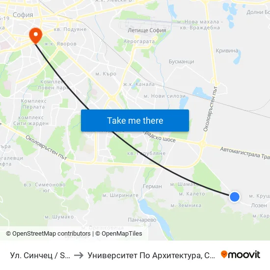 Ул. Синчец / Sinchets St. (2173) to Университет По Архитектура, Строителство И Геодезия - Ректорат map