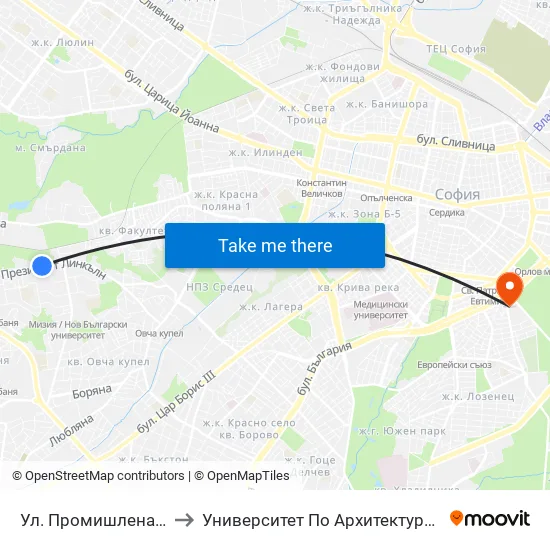 Ул. Промишлена / Promishlena St. (2140) to Университет По Архитектура, Строителство И Геодезия - Ректорат map
