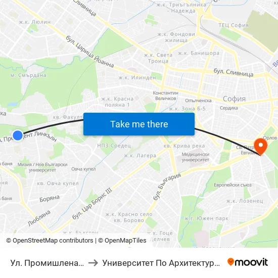 Ул. Промишлена / Promishlena St. (2141) to Университет По Архитектура, Строителство И Геодезия - Ректорат map