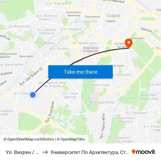 Ул. Вихрен / Vihren St. (1878) to Университет По Архитектура, Строителство И Геодезия - Ректорат map