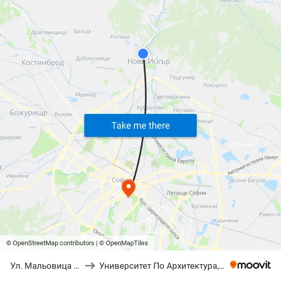 Ул. Мальовица / Malyovitsa St. (2538) to Университет По Архитектура, Строителство И Геодезия - Ректорат map