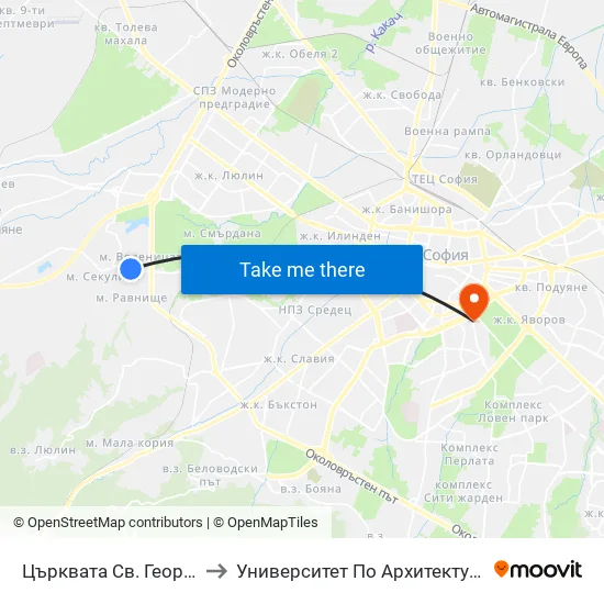 Църквата Св. Георги / St. George Church (2371) to Университет По Архитектура, Строителство И Геодезия - Ректорат map