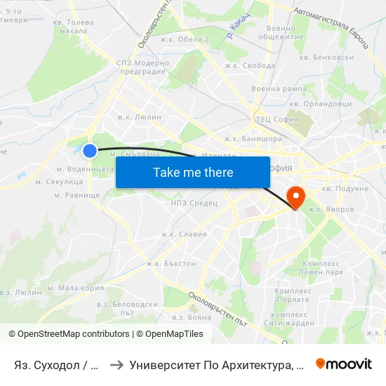 Яз. Суходол / Suhodol Dam (1877) to Университет По Архитектура, Строителство И Геодезия - Ректорат map