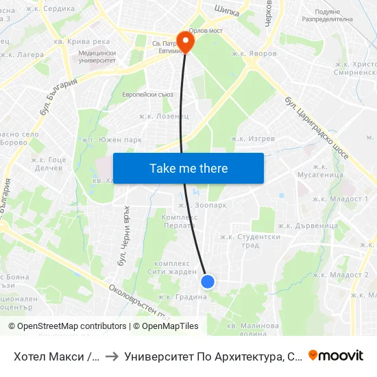 Хотел Макси / Maxi Hotel (2509) to Университет По Архитектура, Строителство И Геодезия - Ректорат map