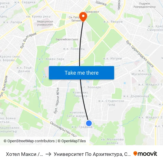 Хотел Макси / Maxi Hotel (2320) to Университет По Архитектура, Строителство И Геодезия - Ректорат map
