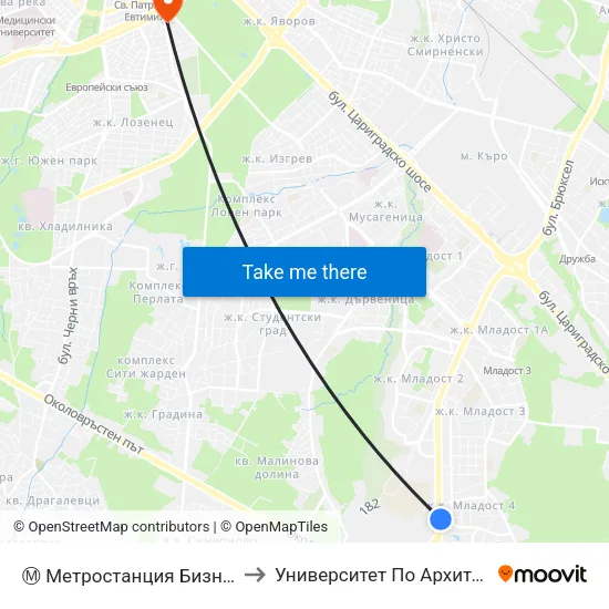 Ⓜ️ Метростанция Бизнес Парк / Business Park Metro Station (2491) to Университет По Архитектура, Строителство И Геодезия - Ректорат map