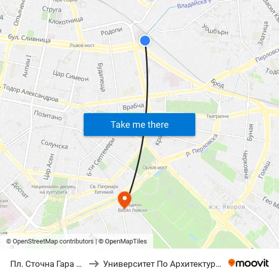 Пл. Сточна Гара / Stochna Gara Sq. (1315) to Университет По Архитектура, Строителство И Геодезия - Ректорат map