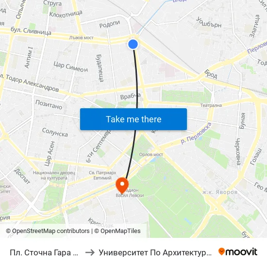 Пл. Сточна Гара / Stochna Gara Sq. (1319) to Университет По Архитектура, Строителство И Геодезия - Ректорат map