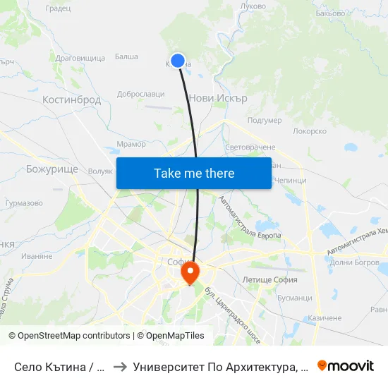 Село Кътина / Katina Village (1545) to Университет По Архитектура, Строителство И Геодезия - Ректорат map