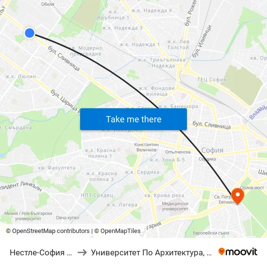 Нестле-София / Nestle Sofia (1141) to Университет По Архитектура, Строителство И Геодезия - Ректорат map