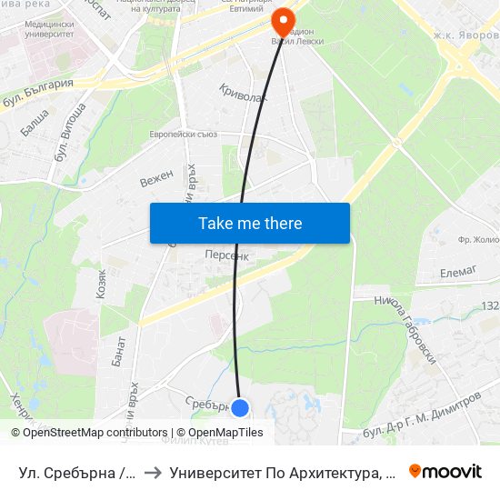 Ул. Сребърна / Srebarna St. (0976) to Университет По Архитектура, Строителство И Геодезия - Ректорат map