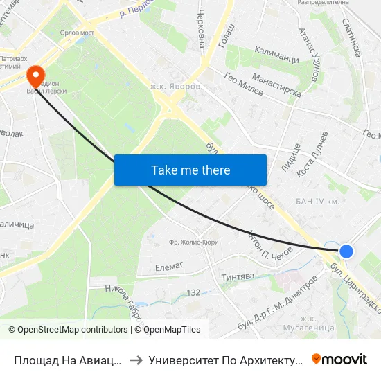 Площад На Авиацията / Aviation Square (1260) to Университет По Архитектура, Строителство И Геодезия - Ректорат map