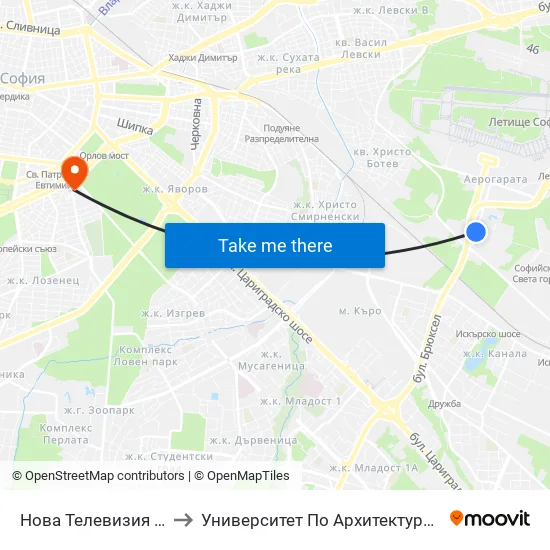 Нова Телевизия / Nova Television (2474) to Университет По Архитектура, Строителство И Геодезия - Ректорат map