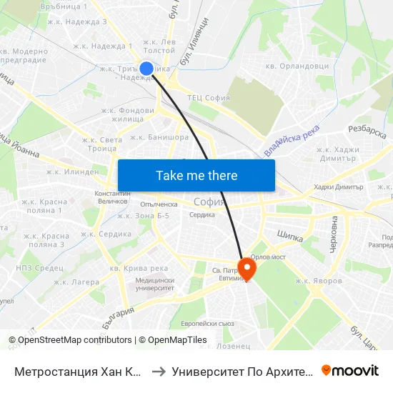 Ⓜ️ Метростанция Хан Кубрат / Khan Kubrat Metro Station (2661) to Университет По Архитектура, Строителство И Геодезия - Ректорат map