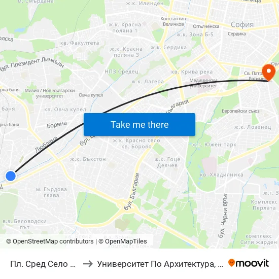 Пл. Сред Село / Sred Selo Sq. (1309) to Университет По Архитектура, Строителство И Геодезия - Ректорат map
