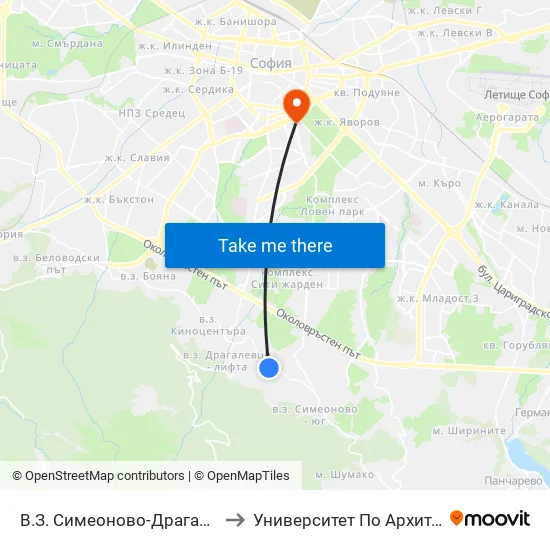 В.З. Симеоново-Драгалевци / Simeonovo-Dragalevtsi Villa Zone (0782) to Университет По Архитектура, Строителство И Геодезия - Ректорат map