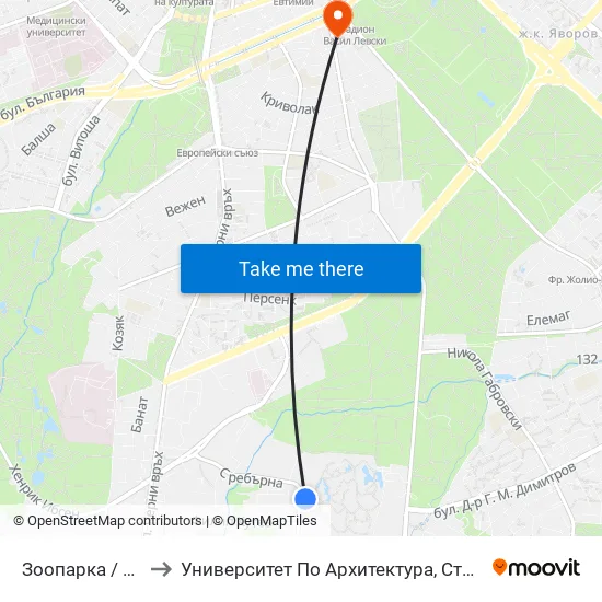 🐘 Зоопарка / City Zoo (0749) to Университет По Архитектура, Строителство И Геодезия - Ректорат map