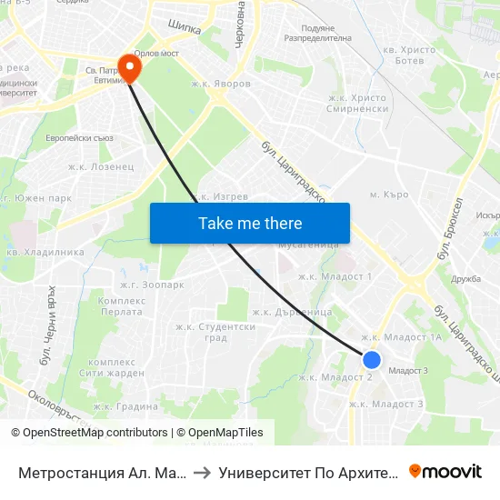 Ⓜ️ Метростанция Ал. Малинов / Al. Malinov Metro Station (2742) to Университет По Архитектура, Строителство И Геодезия - Ректорат map