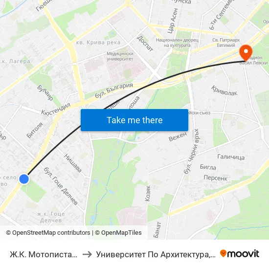Ж.К. Мотописта / Motopista Qr. (0671) to Университет По Архитектура, Строителство И Геодезия - Ректорат map