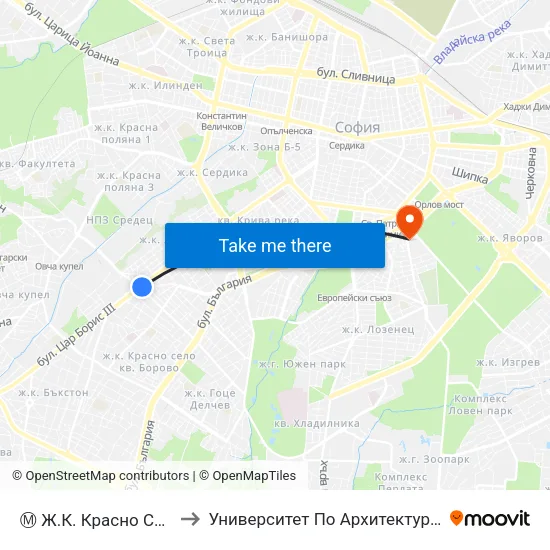 Ⓜ️ Ж.К. Красно Село / Krasno Selo Qr. (0639) to Университет По Архитектура, Строителство И Геодезия - Ректорат map