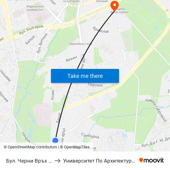 Бул. Черни Връх / Cherni Vrah Blvd. (2763) to Университет По Архитектура, Строителство И Геодезия - Ректорат map