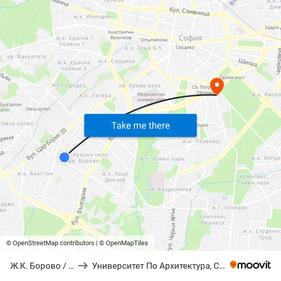 Ж.К. Борово / Borovo Sq. (2767) to Университет По Архитектура, Строителство И Геодезия - Ректорат map