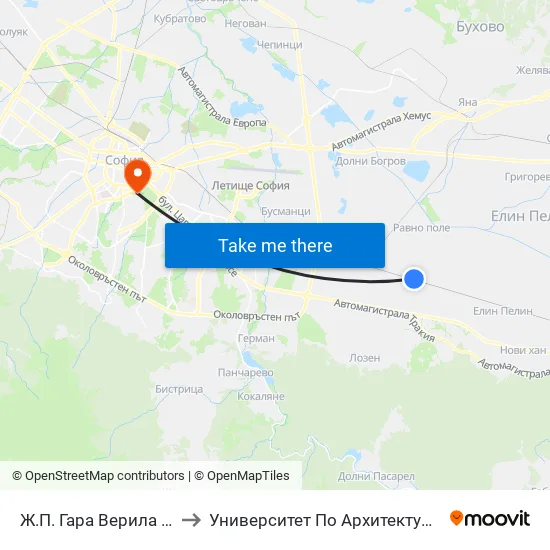🚉 Ж.П. Гара Верила / Verila Train Station (2803) to Университет По Архитектура, Строителство И Геодезия - Ректорат map