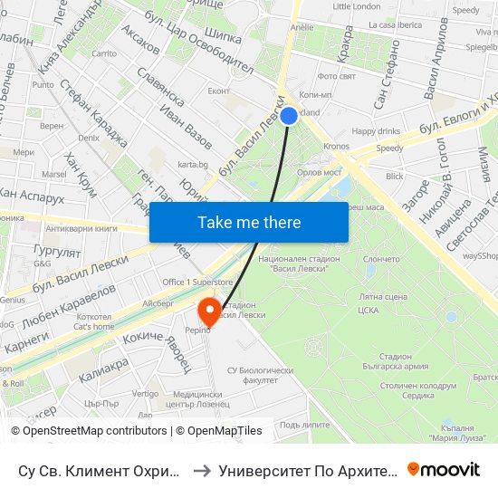 Су Св. Климент Охридски / Sofia University St. Kliment Ohridski to Университет По Архитектура, Строителство И Геодезия - Ректорат map