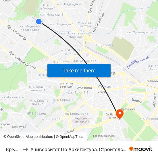 Връбница to Университет По Архитектура, Строителство И Геодезия - Ректорат map