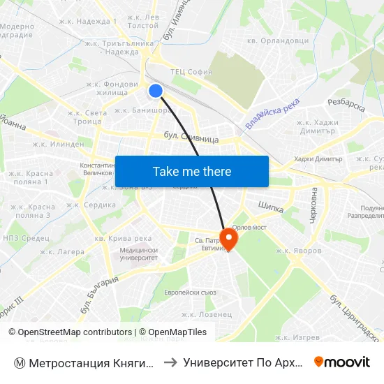 Ⓜ️ Метростанция Княгиня Мария Луиза / Kn. Maria Luisa Metro Station (6430) to Университет По Архитектура, Строителство И Геодезия - Ректорат map