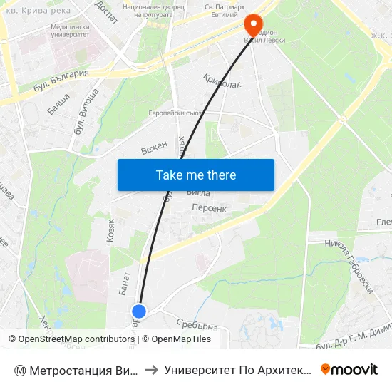 Ⓜ️ Метростанция Витоша / Vitosha Metro Station (0910) to Университет По Архитектура, Строителство И Геодезия - Ректорат map