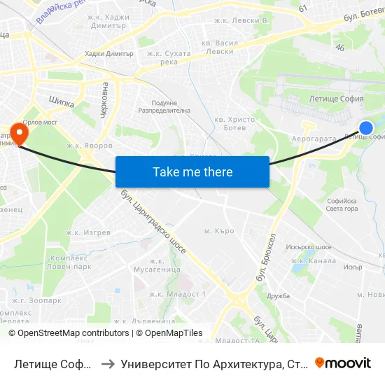 ✈️ Летище София / Sofia Airport to Университет По Архитектура, Строителство И Геодезия - Ректорат map
