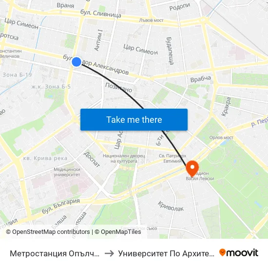 Ⓜ️ Метростанция Опълченска / Opalchenska Metro Station (6408) to Университет По Архитектура, Строителство И Геодезия - Ректорат map
