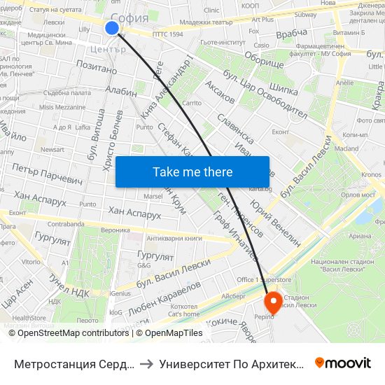 Метростанция Сердика / Serdika Metro Station (6454) to Университет По Архитектура, Строителство И Геодезия - Ректорат map