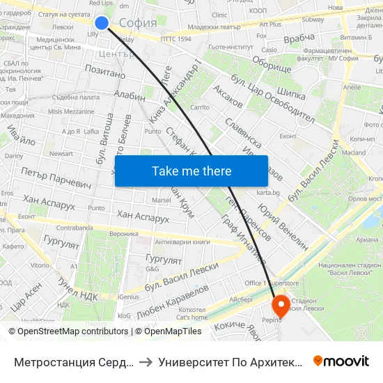 Ⓜ️ Метростанция Сердика / Serdika Metro Station (6459) to Университет По Архитектура, Строителство И Геодезия - Ректорат map