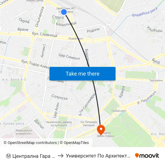 Ⓜ️ Централна Гара / Central Railway Station (1333) to Университет По Архитектура, Строителство И Геодезия - Ректорат map