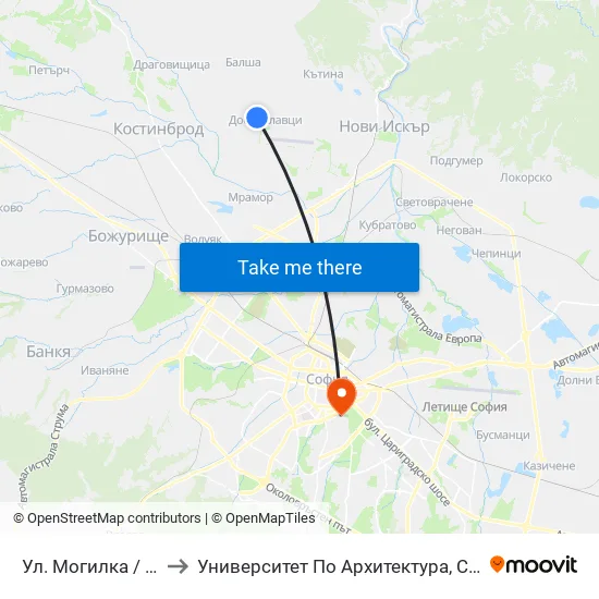 Ул. Могилка / Mogilka St. (2611) to Университет По Архитектура, Строителство И Геодезия - Ректорат map